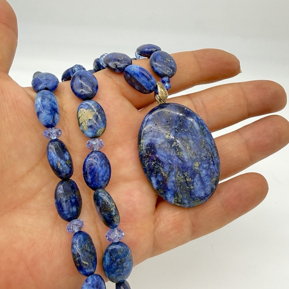 Vtg Lapis Lazuli Oval Beaded Necklace 19" 55 Gr